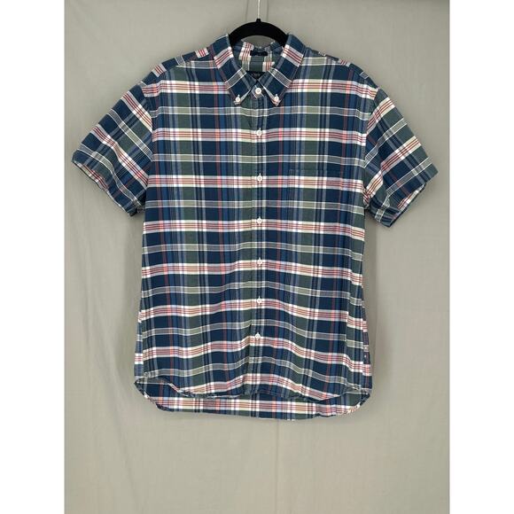J Crew Shirt Mens Large Blue Plaid Oxford Slim Fit Button Cotton Short Sleeve - Picture 1 of 5